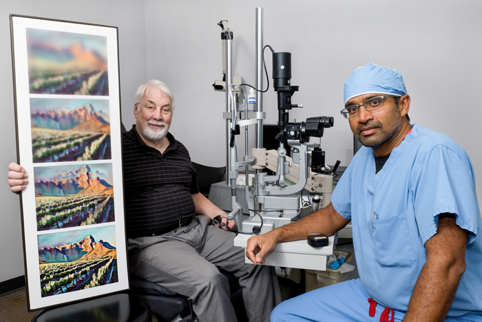 Raj Maturi, MD, is shown with a patient. Images illustrate vision improvement with treatment for diabetic retinopathy. (Image courtesy of Raj Maturi, MD)