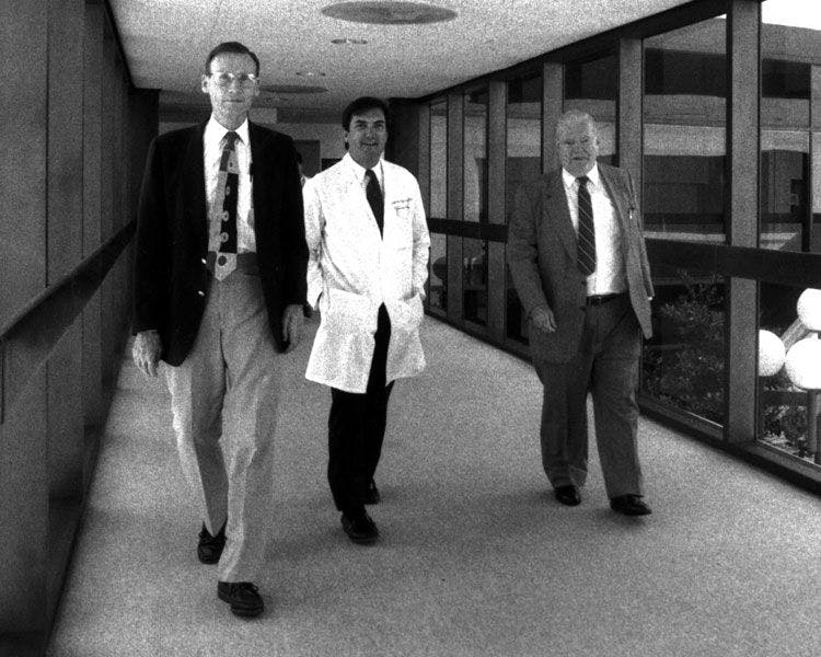 Dr. Victor T. Curtin (left), Bascom Palmer’s first faculty member, Dr. Eduardo C. Alfonso (center), Bascom Palmer’s current Chair, and Dr. Edward W.D. Norton (right), founding Chairman of Bascom Palmer. (Image courtesy of Bascom Palmer)