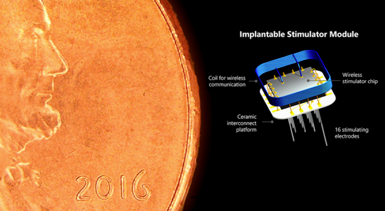 A rendering of the Intracortical Visual Prosthesis (ICVP) wireless implantable stimulator model alongside a penny for scale. (Image courtesy of the Illinois Institute of Technology)